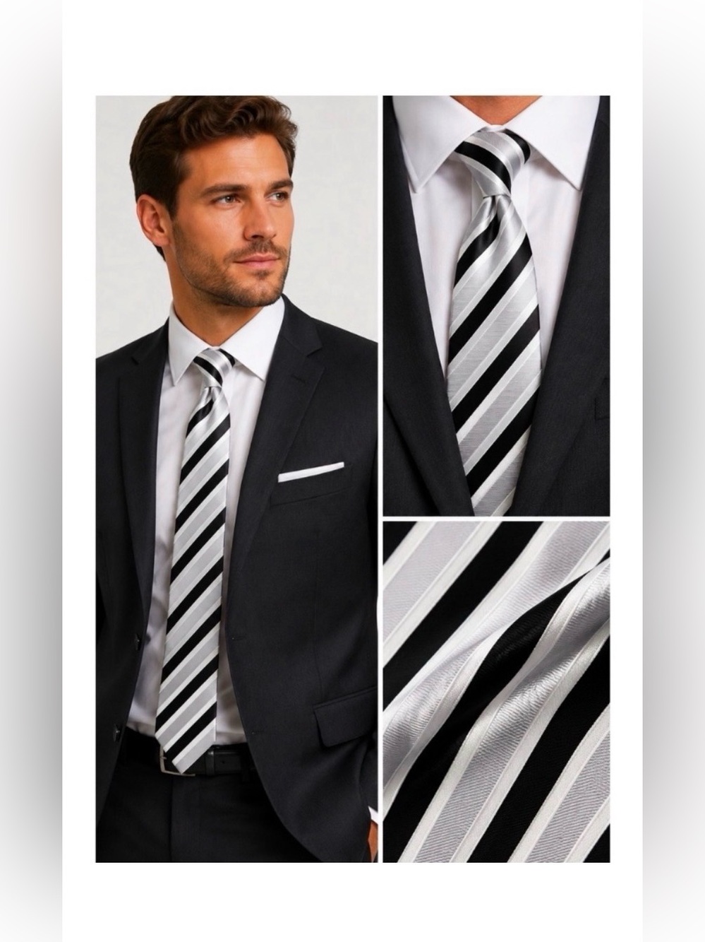 KENNETH ROBERTS Platinum Grey Striped Silk Tie